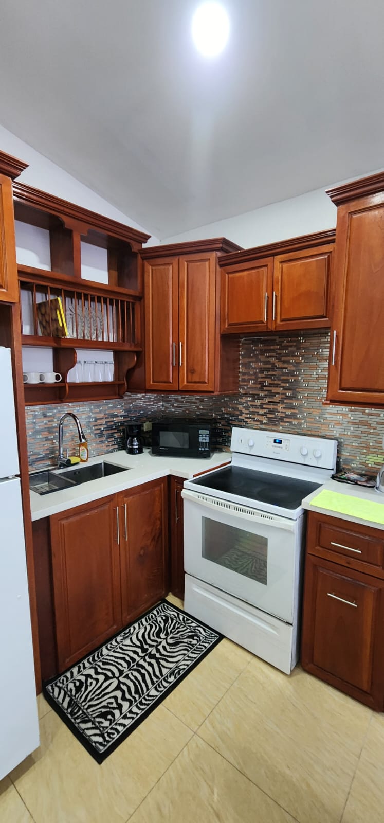 Fully equipped kitchen with refrigerator, microwave and electric stove