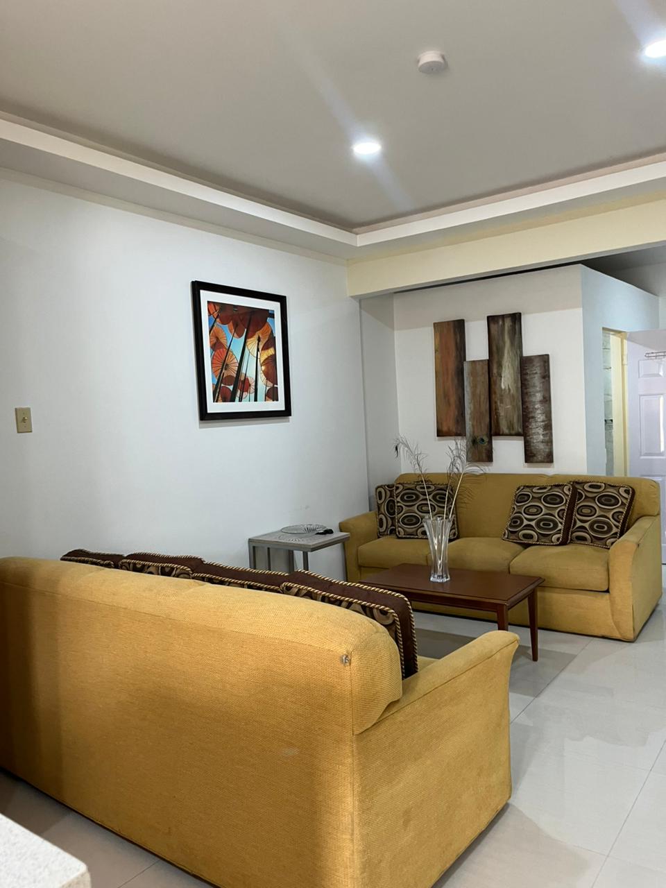 Living area with two sofas and framed artwork