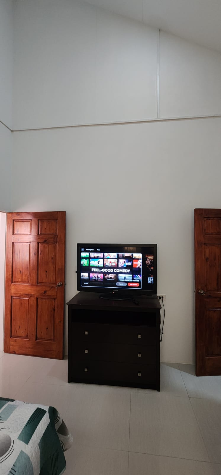 One-bedroom apartment TV and storage area